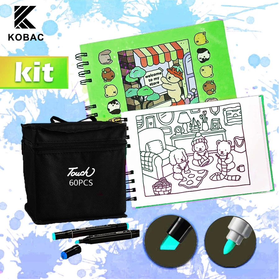 Kit Livro De Colorir Capa Dura 50 Páginas + 80 Cores Caneta Marcadora Com Ponta Dupla