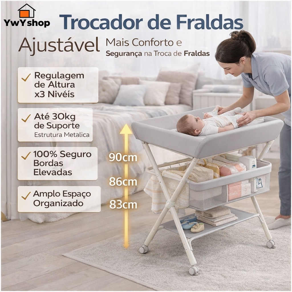 Mesa Trocador Bebê Ajustável com Rodas e Organizador | Suporte até 30kg P17
