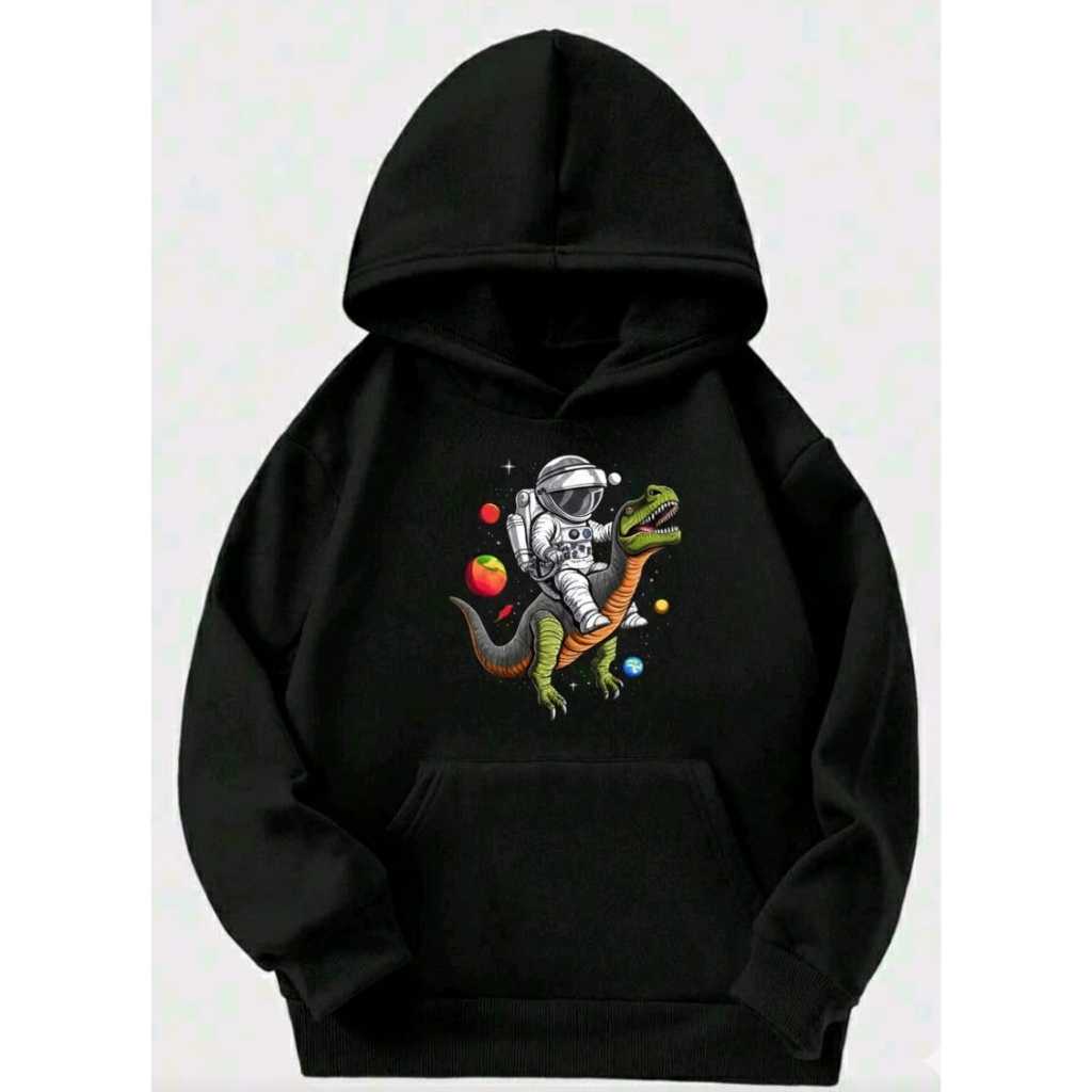 Moletom Infantil Astronauta Montado em Dinossauro Estampa Blusa de Frio com Capuz – Unissex
