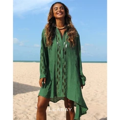 Saída de praia verão protetora com longo rendado Recortes estilo camisa boêmio casual , Tecido macio respirável.
