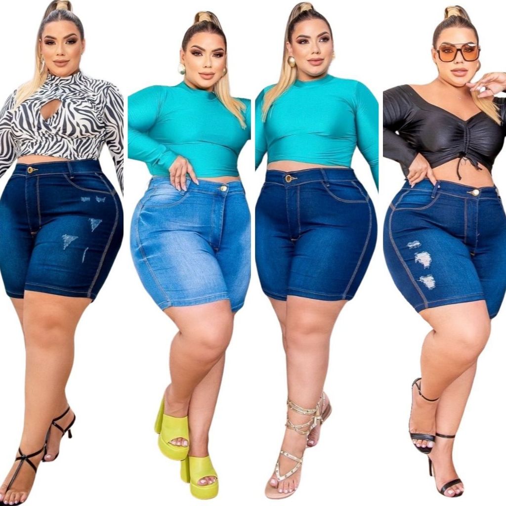 Kit 4 Shorts Plus Size Feminino Bermudas Jeans Com Lycla (Elastano) Meia Coxa em Oferta na Shopee