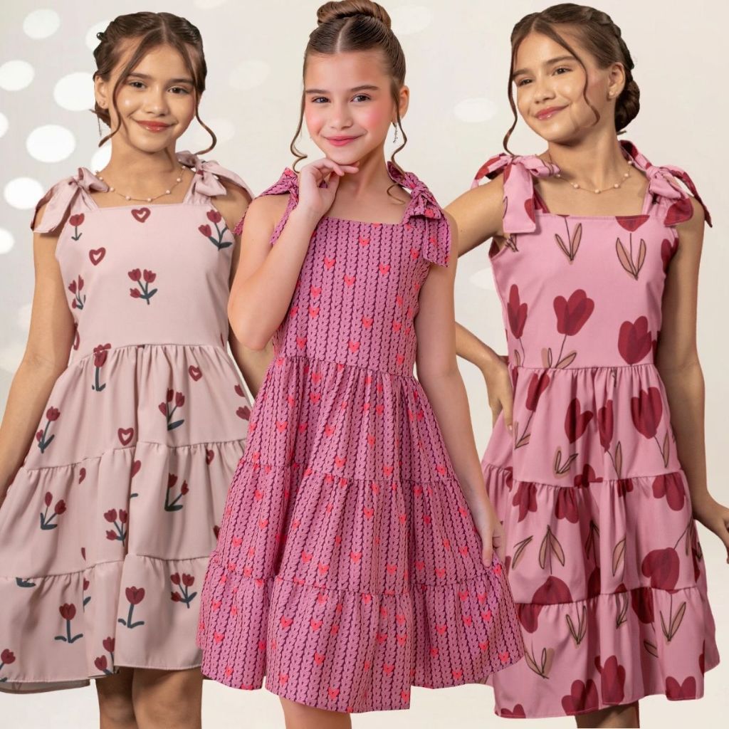 Vestido Feminino Evangelico Infantil Soltinho Menina Elegante Estampado Curto Festa Floral Rodado