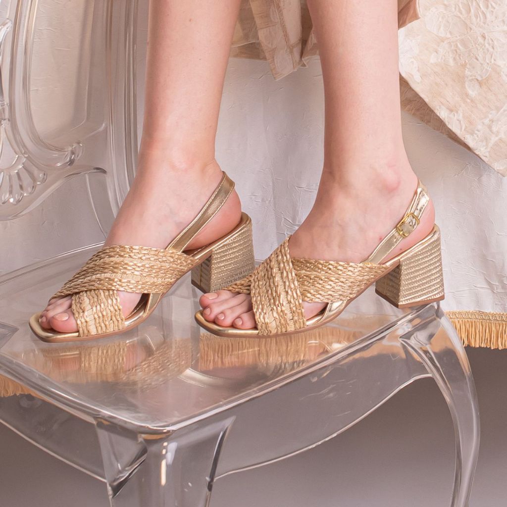 Sandália Feminina Salto Bloco Grosso Médio Ráfia Confortável em Oferta na Shopee