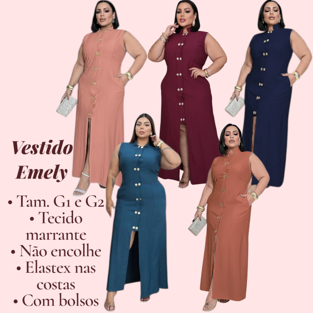 Vestido longo Emely feminino plus size com gola Preto, Rosa, Azul, Rosa e Amarelo Manteiga tamanhos G1 E G2 ENVIO RÁPIDO em Oferta na Shopee