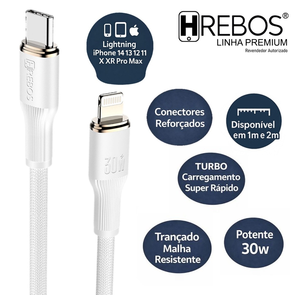 Cabo Lightning 30W 1m 2m 3m Compatível iPhone 14 13 12 11 X XR 9 8 Pro Max Turbo Trançado Resistente