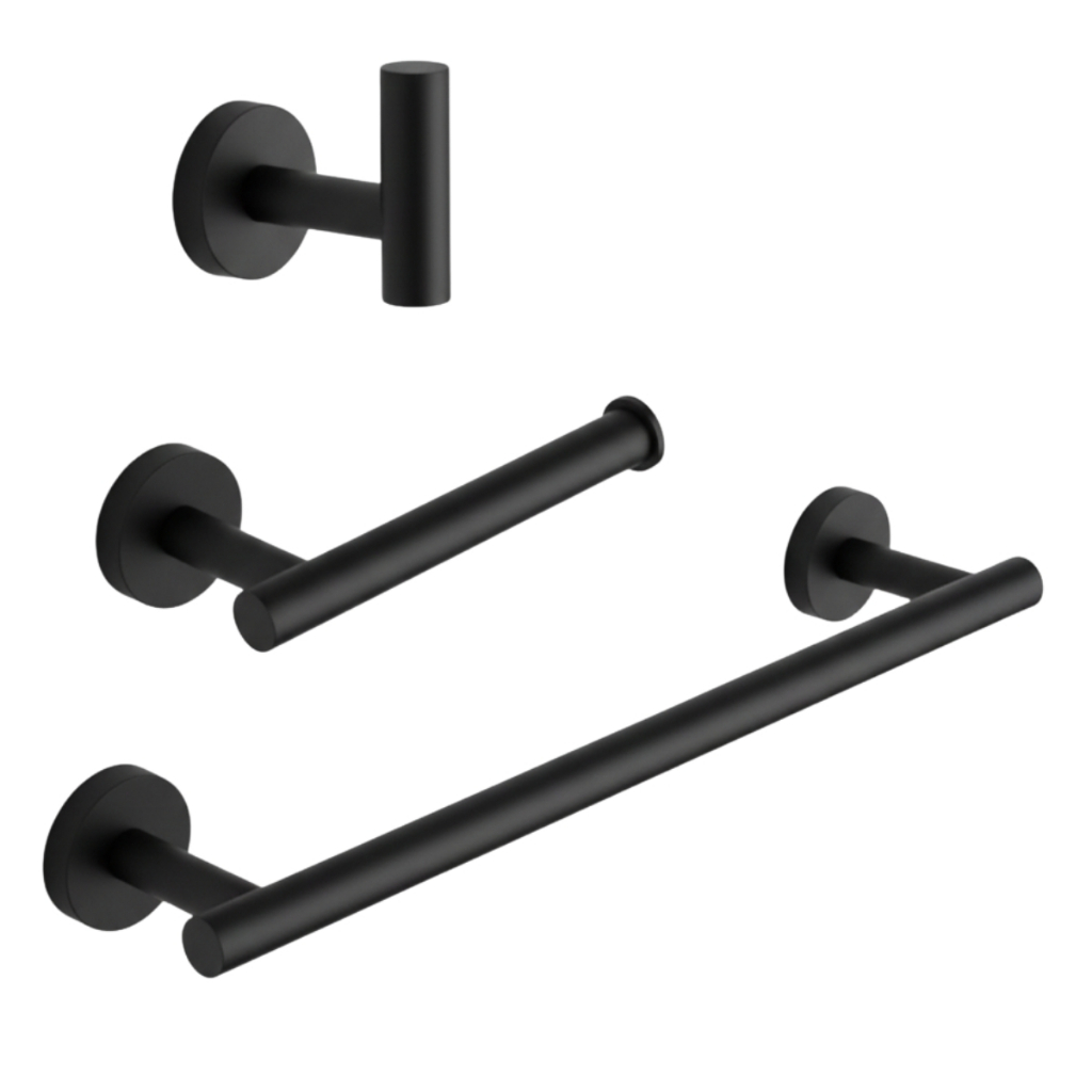 Kit Acessórios Banheiro Jogo de Toalheiros Preto Fosco Redondo em Aço Inox 3 Peças Dupla Fixação