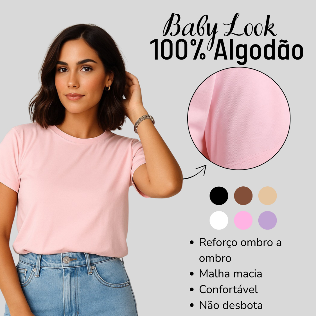 T-shirt Básica Baby Look Lisa Blusinha Feminina 100% Algodão Casual Esporte Malha Macia CI