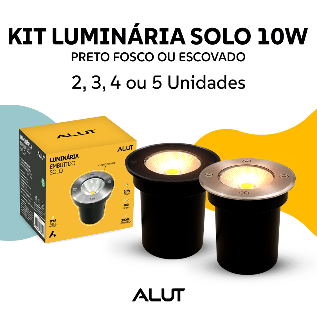 Kit Luminaria de Chão Led Solo Embutir 10w 3000k Branco Quente IP65 Bivolt Preto Fosco ou Escovado Alut By Avant