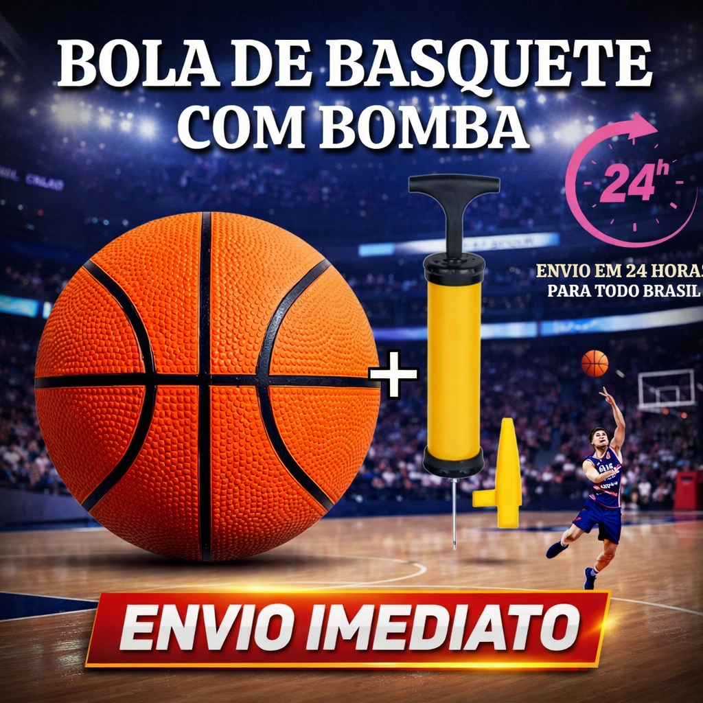 Kit Bomba de Ar Manual Portátil Para Futebol Vôlei Basquete Boia Com Bicos + Bola De Basquete