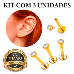 KIT 3 UNIDADES Piercing Labret Titânio 100% Zircônia ponto de luz com rosca interna Hipoalergênico