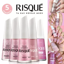 Kit 5 Esmaltes Risqué Tons Rosa Glitter Cintilante Esmaltes Atacado