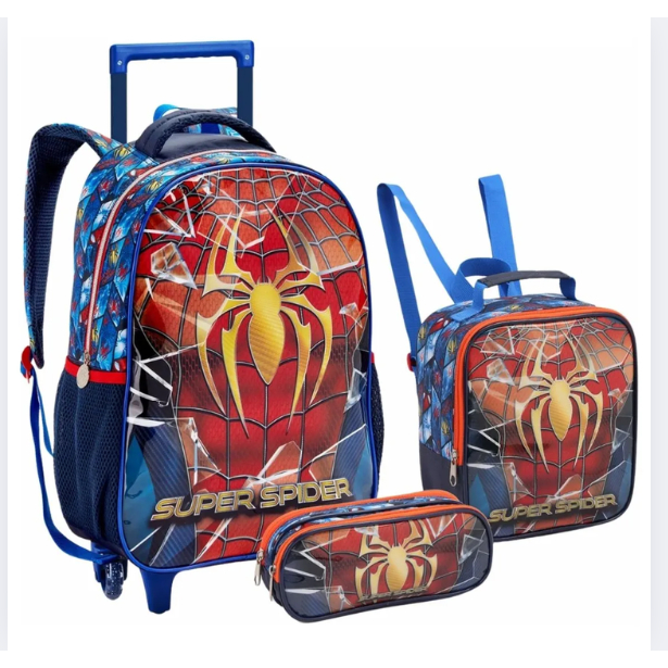 Kit Mochila de Rodinhas Infantil Seanite Super Spider Masculina Lancheira Térmica Estojo Escolar
