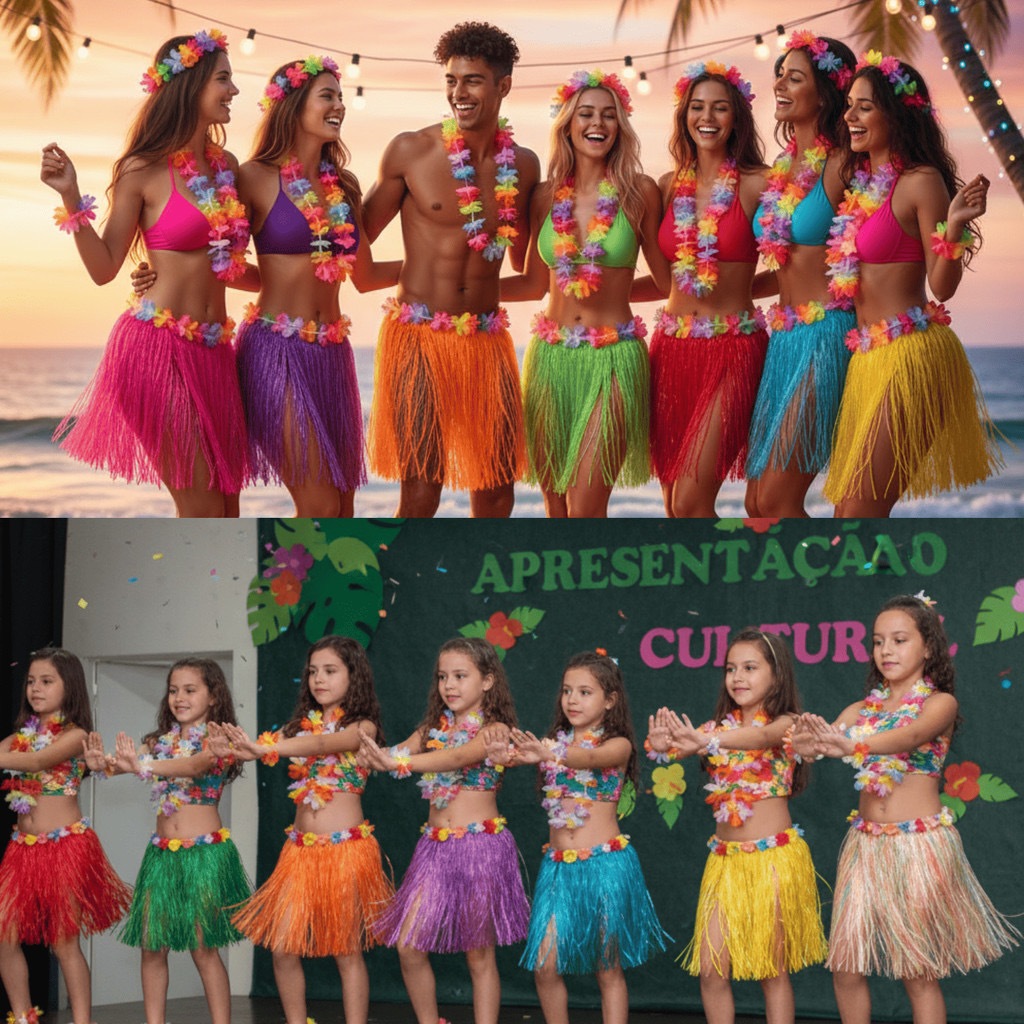 Saia de Fitilho Havaiano c/ Flor Fantasia Festa, Carnaval, Halloween - Diversos Modelos em Oferta na Shopee