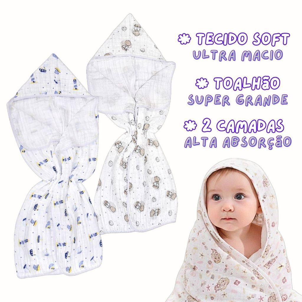 Toalha de Banho Bebê Banhão Soft com Capuz | 2 Camadas 100% Algodão | Super Absorvente 100x85cm em Oferta na Shopee