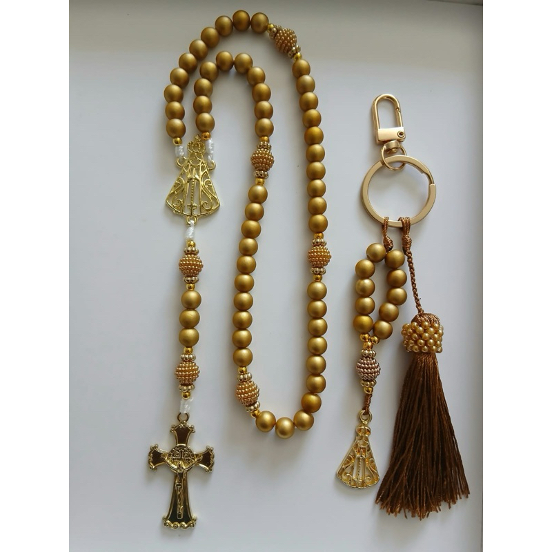 Kit Religioso Terço nossa Senhora Aparecida + Chaveiro com Dezena