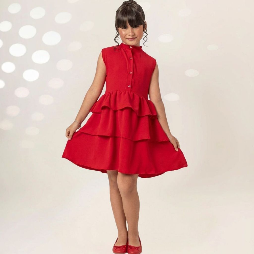 Vestido Feminino Babado Evangélico Menina Elegante Vermelho Juvenil Princesa Soltinho Festas