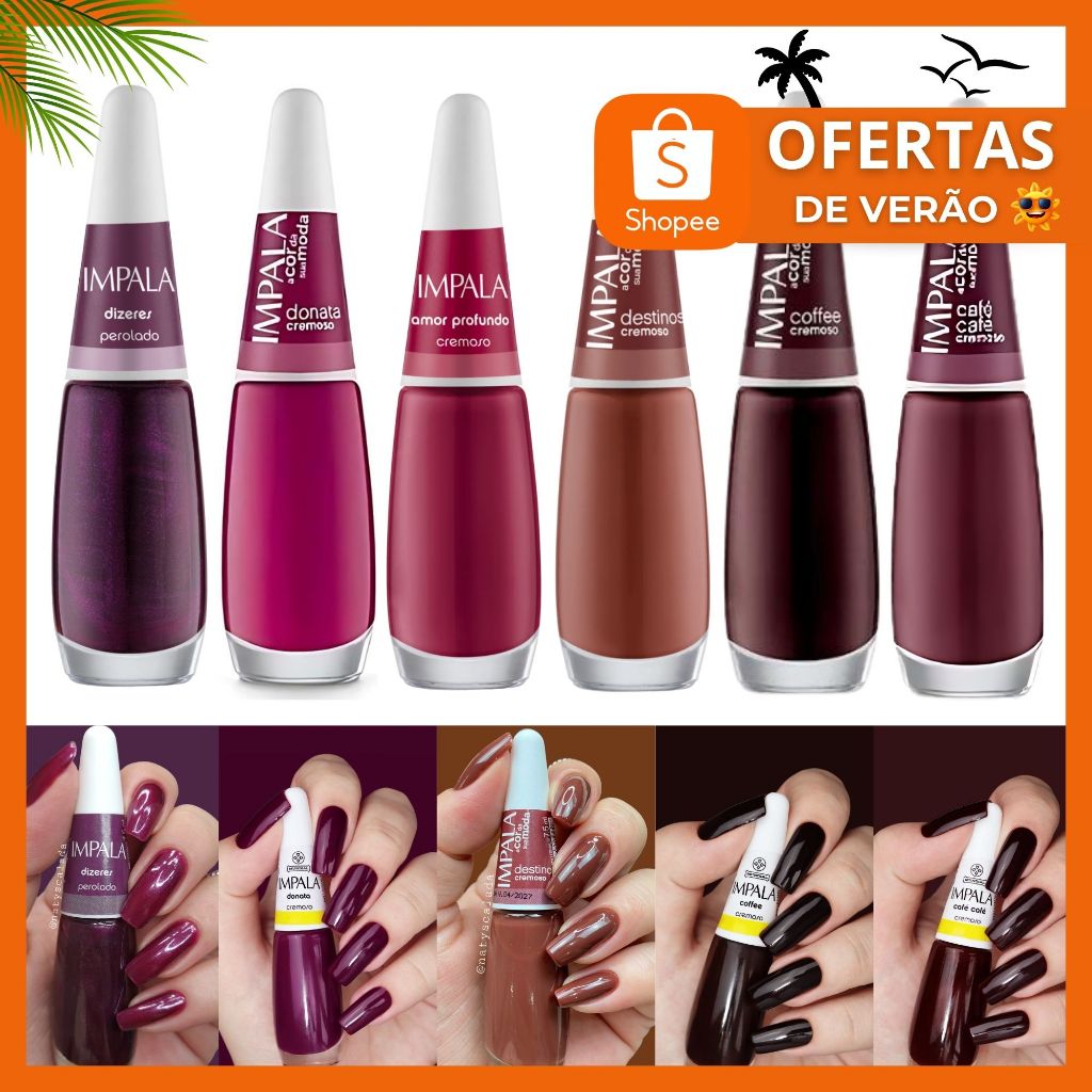 Kit de Esmaltes Impala 6 Cores Tons Escuros Roxo Marrom Rosa em Oferta na Shopee