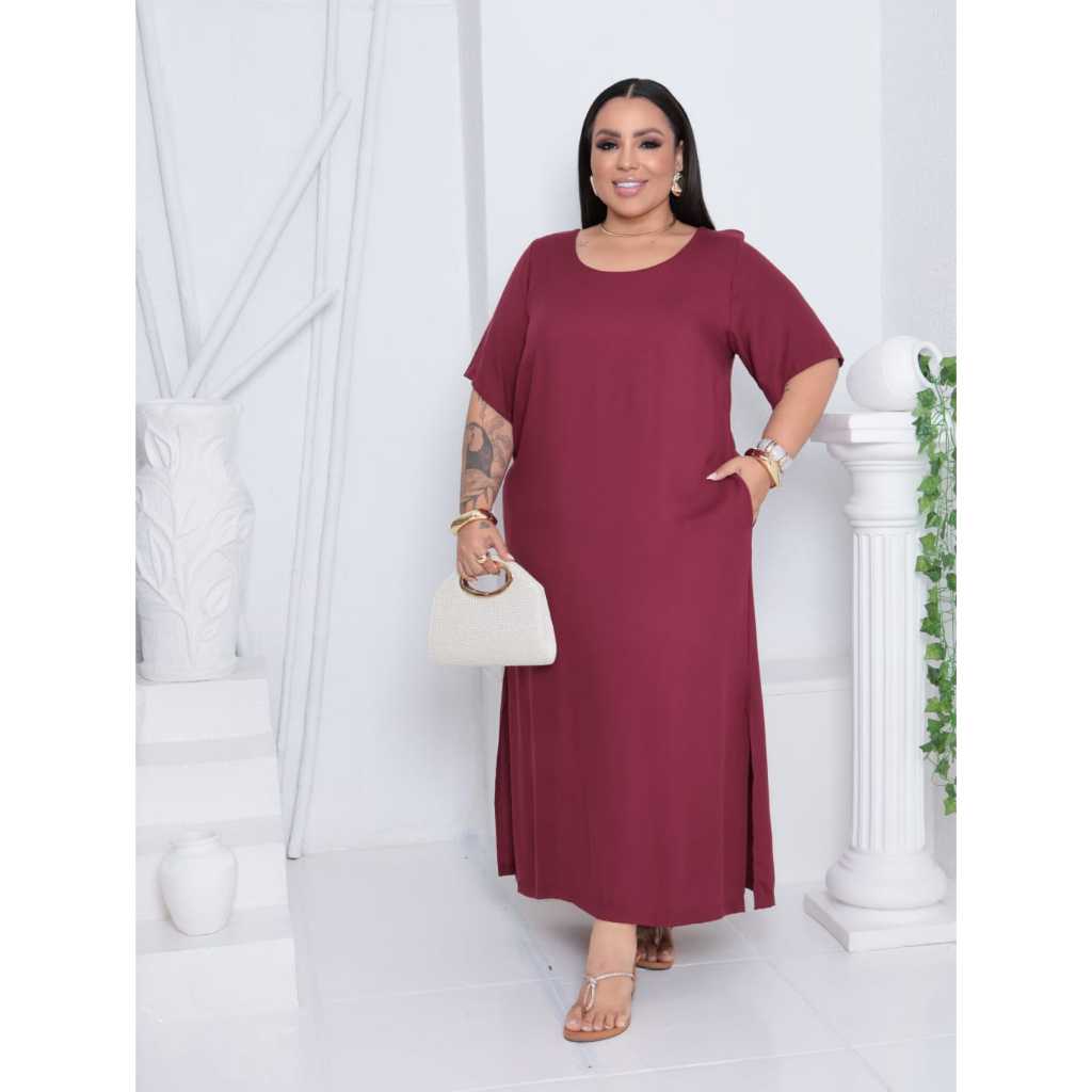 Vestido Longo Plus Size Feminino G1 ao G4 Viscose Sarjada Soltinho Manga Curta Elegante