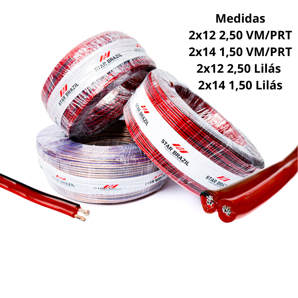 cabo de som automotivo paralelo Bicolor 2 vias 2x12mm 2,5mm e  2x14 1,50mm 50 ou 100 metros em Oferta na Shopee