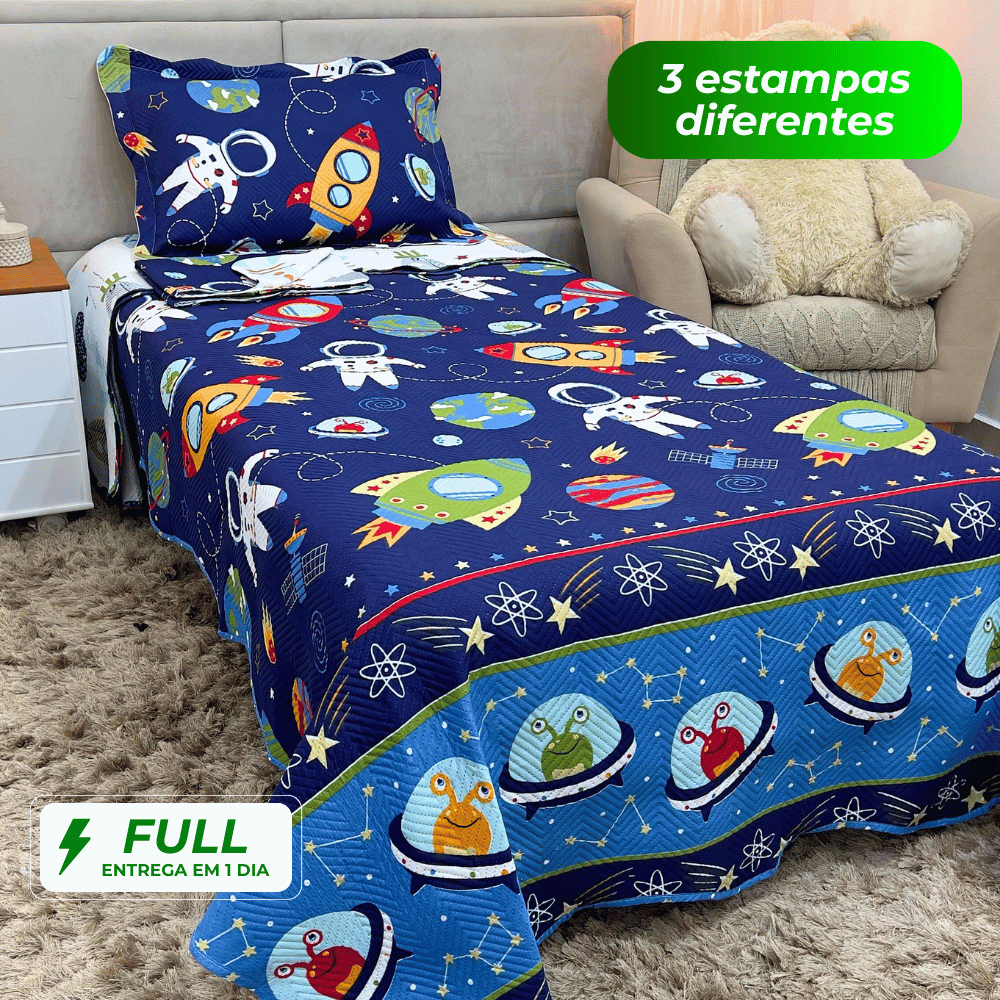 Kit Colcha Cobre Leito Espaço Menino e Menina Infantil Solteiro 2,20 x 1,60 2 Peças Matelado Boutis