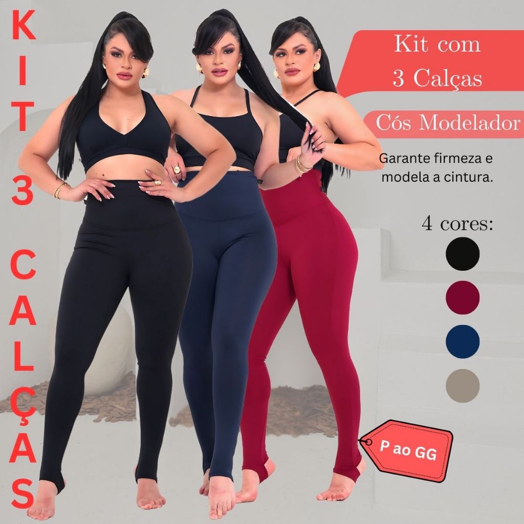 Kit Com 3 Calças Cós Modelador Super Alto com Pezinho em Suplex Academia Fitness Yoga Treino Funcional em Oferta na Shopee