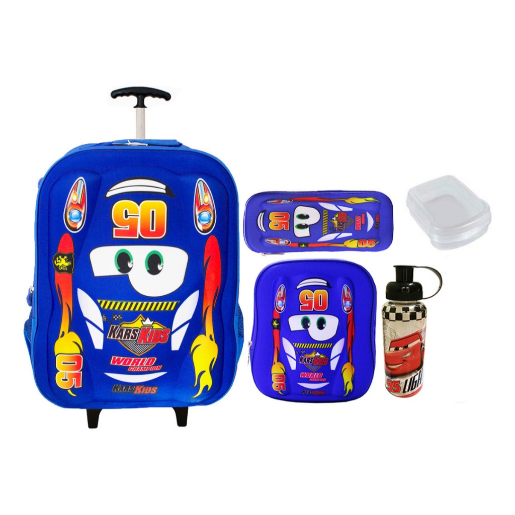 Conjunto Mochila Escolar Carros 3D com Lancheira e Estojo Infantil Reforçada Grande de Rodinhas Costas