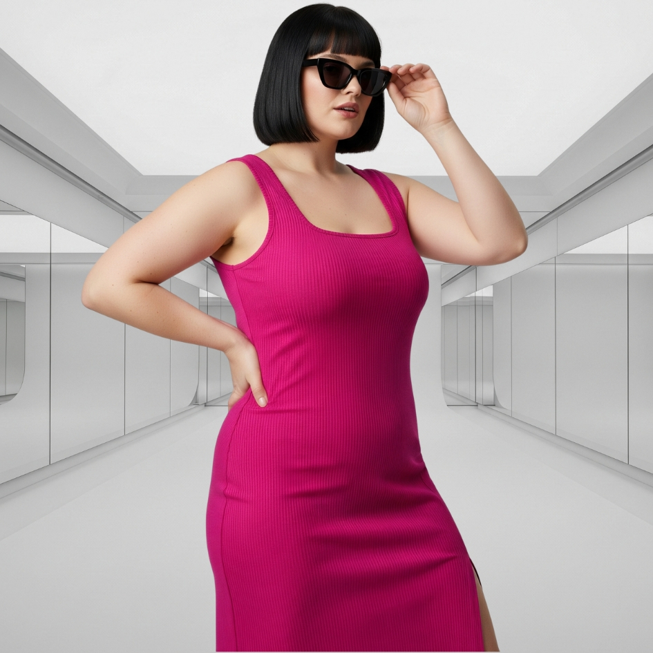 Vestido Plus Size Decote Quadrado Regata Midi Com Fenda Lateral Alça Larga Anarruga Canelado