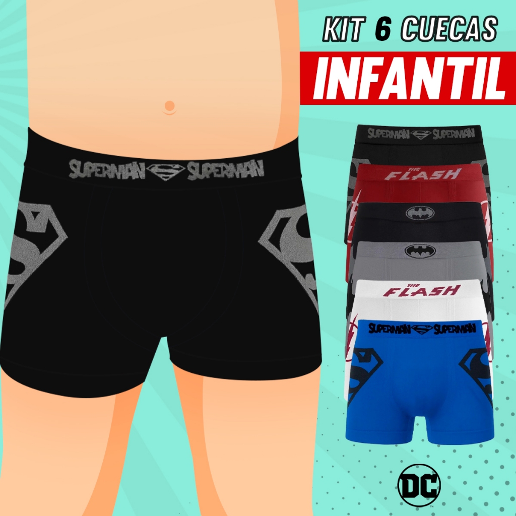Kit 6 Cuecas Infantil Boxer Poliéster Menino Super Heróis Warner Bros Liga da Justiça Superman Batman Flash Personagens em Oferta na Shopee