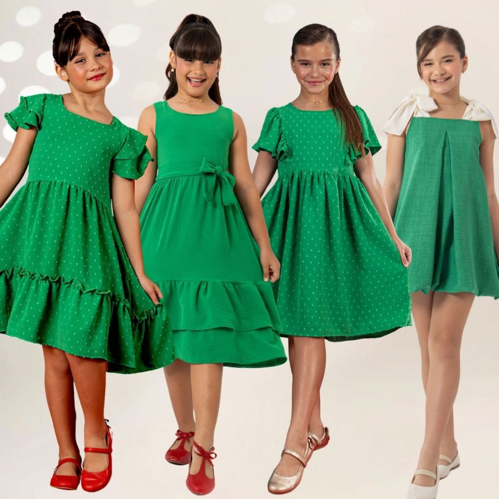 Vestido Verde Infantil Feminino Festa Chique Elegante Menina Luxo Laço Rodado Babado Manga Babado