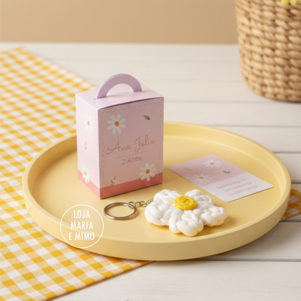 Kit Lembrancinha Aniversário, Chaveiro Flor festa Margarida com caixinha e cartão