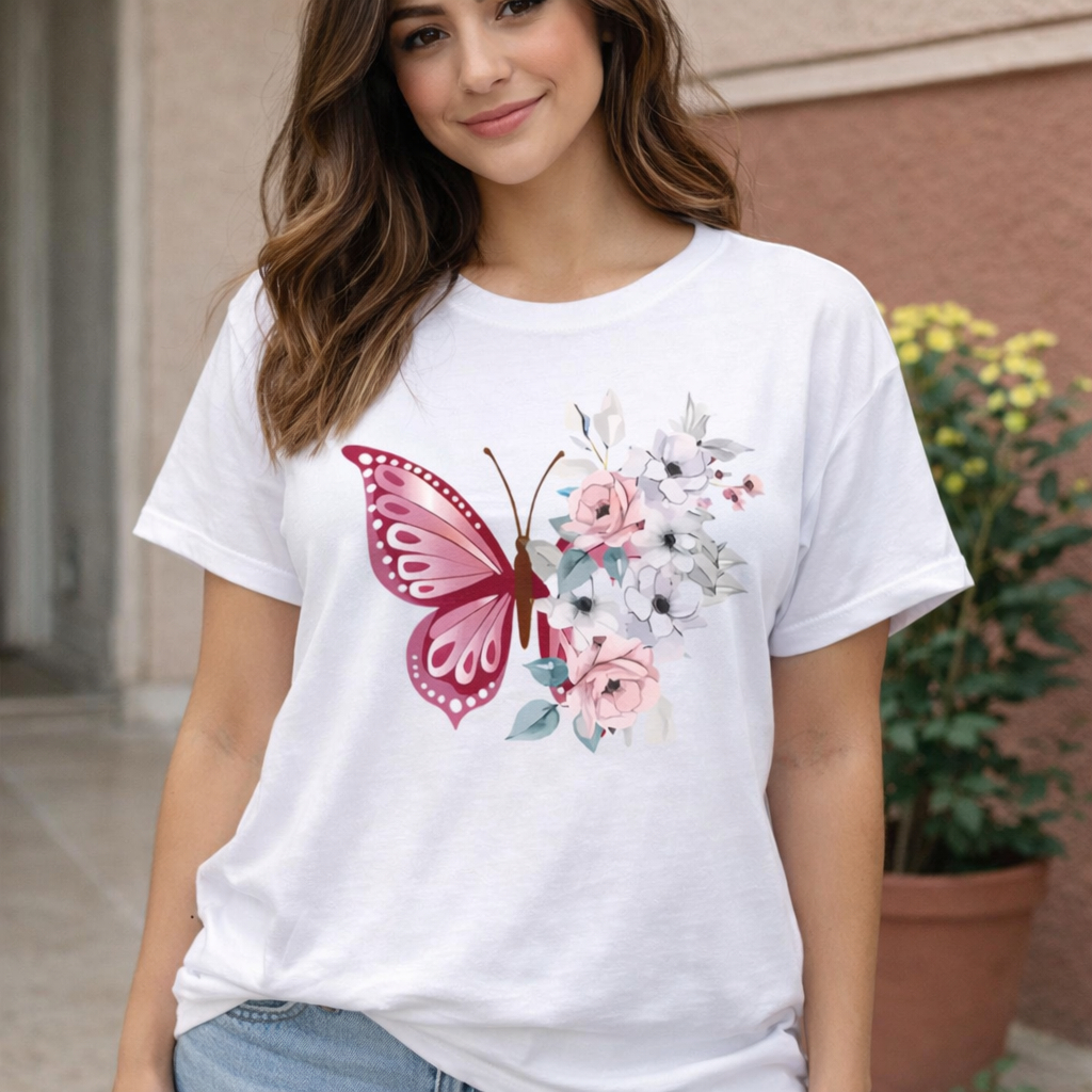 Camiseta Feminina Casual Básica Estampada Borboleta T Shirt 100% Algodão Confortável ENVIO IMEDIATO