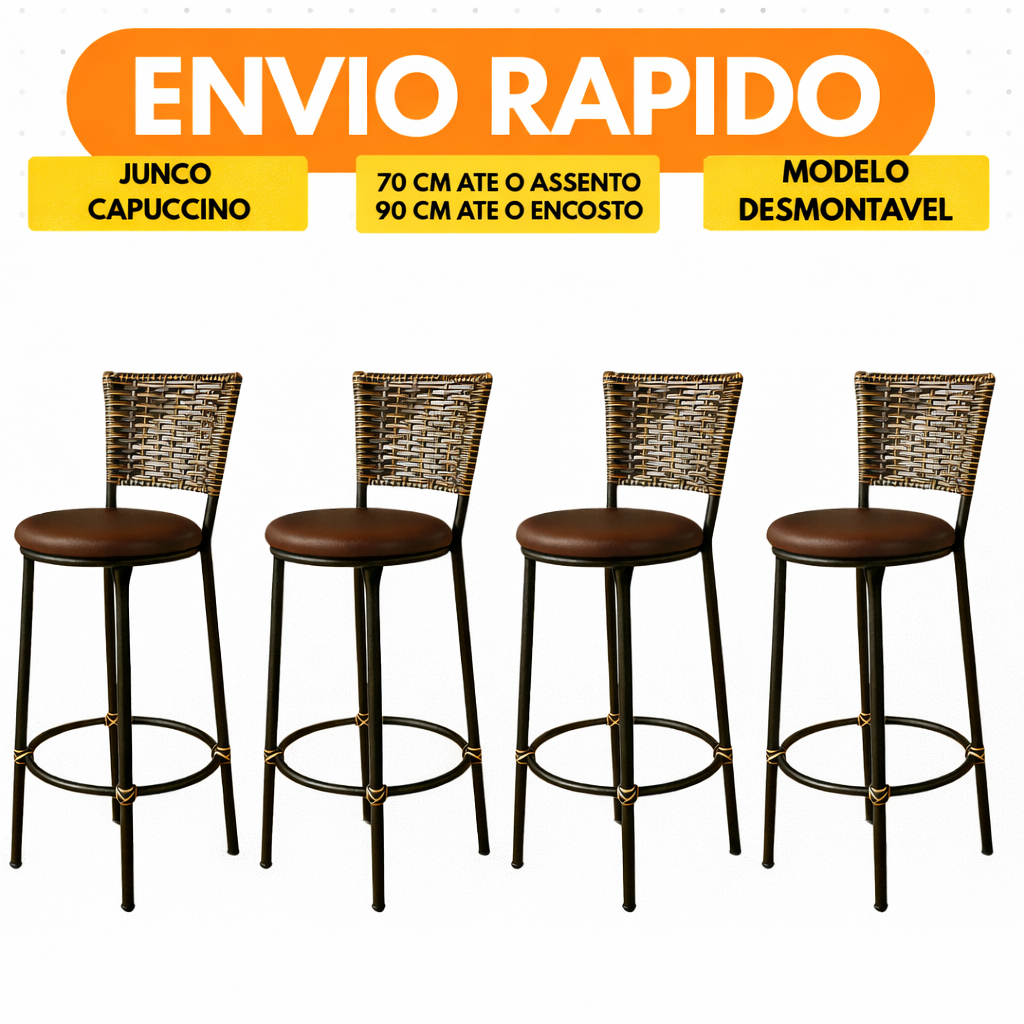 KIT 4 Banco Banqueta Alta JUNCO CAPUCCINO Casa Cozinha Bar Bancada Area Gourmet