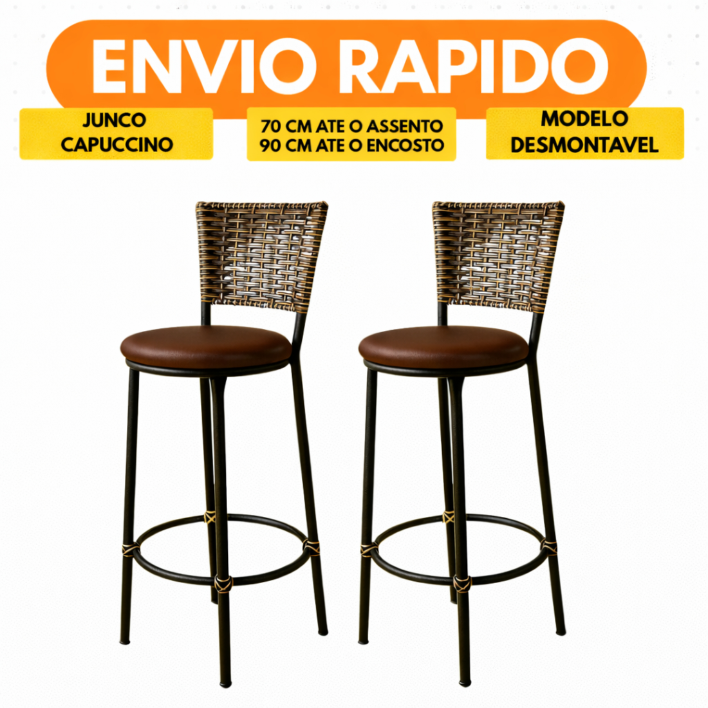 KIT 2  Banquetas Alta Desmontaveis Junco Capuccino  Cozinha Bancada Balcão Área de Churrasco Moderna