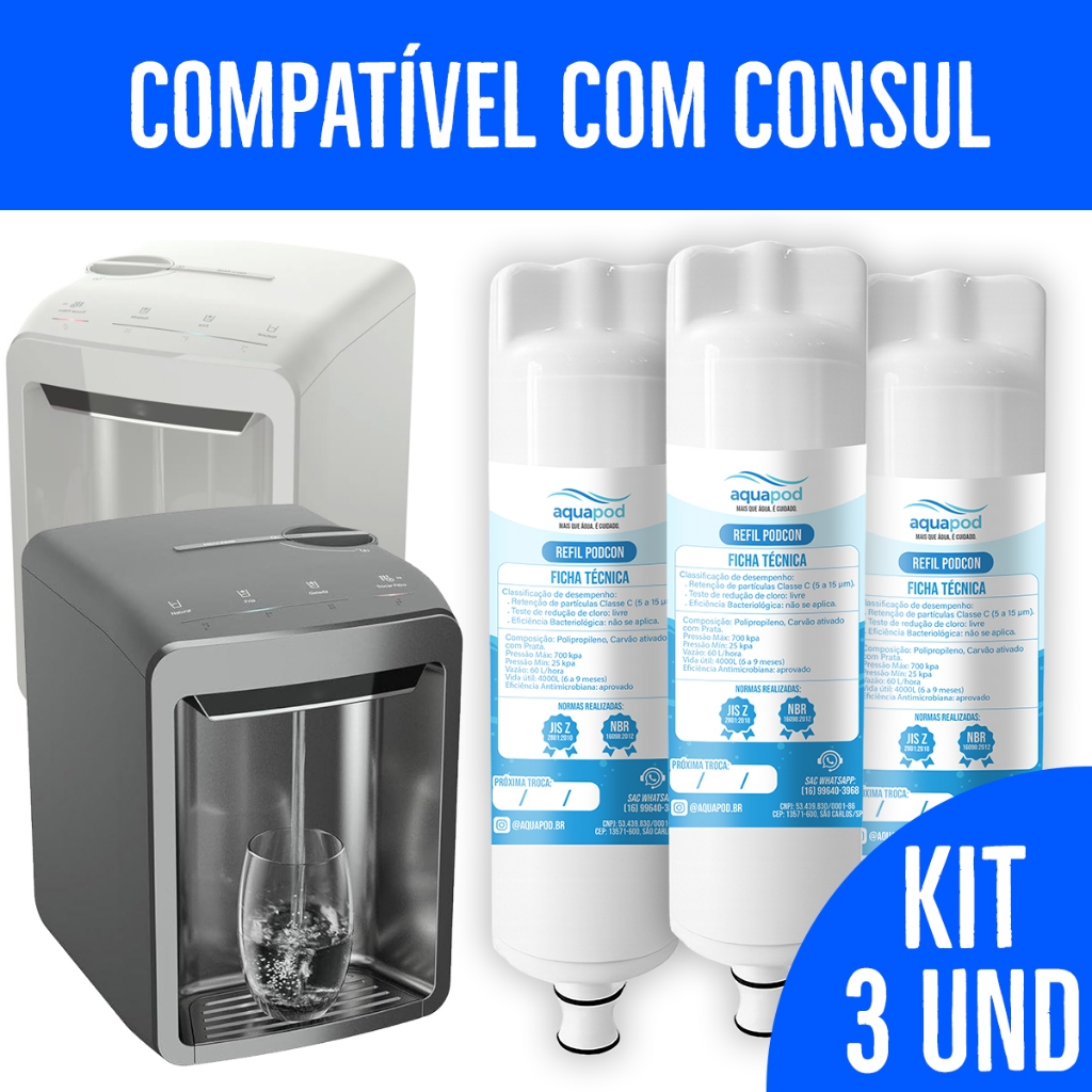 Kit 3 Refil Aquapod Compatível Purificador Bebedouro Consul Cpc31 Cpc3af Cp