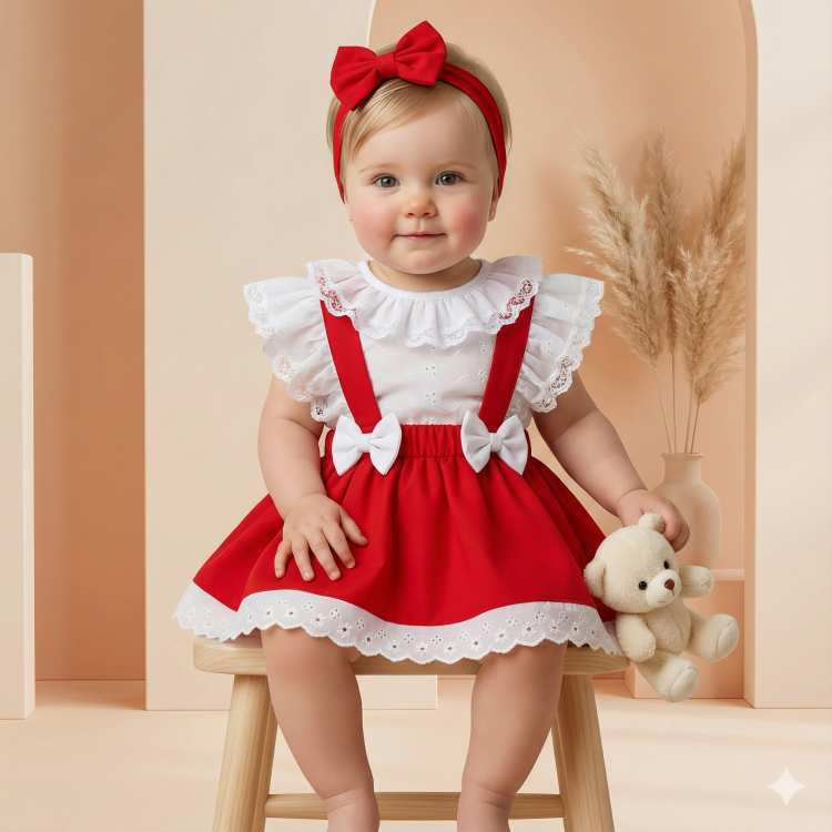 Jardineira Saia + Blusa + Laço Conjunto Infantil Vestido Salopete Natal Menina Bebê Babado Blogueira