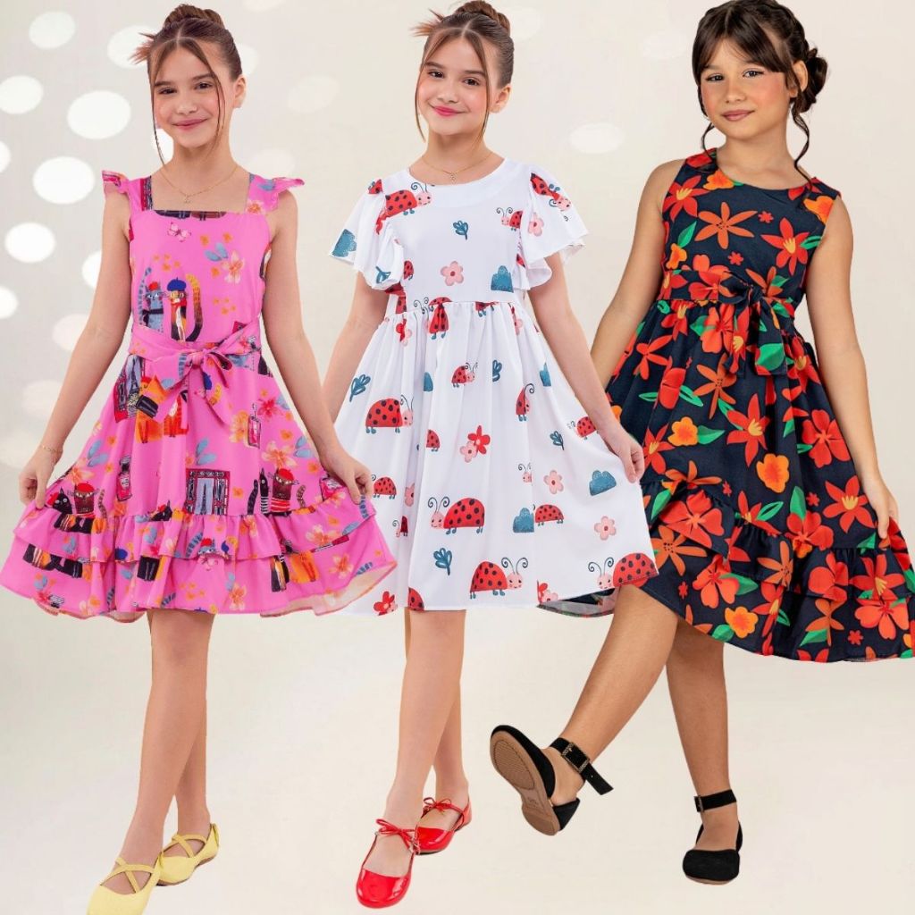 Vestido Infantil Estampado Elegante Menina Blogueirinha Festa Evangelico Colorido Pink Babado Floral