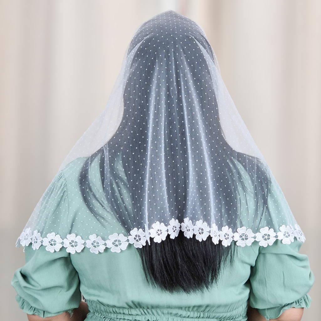 Véu Católico para Missa Tule Poá Bolinha Renda Floral Branco Oval (Tânia Poá Bol)