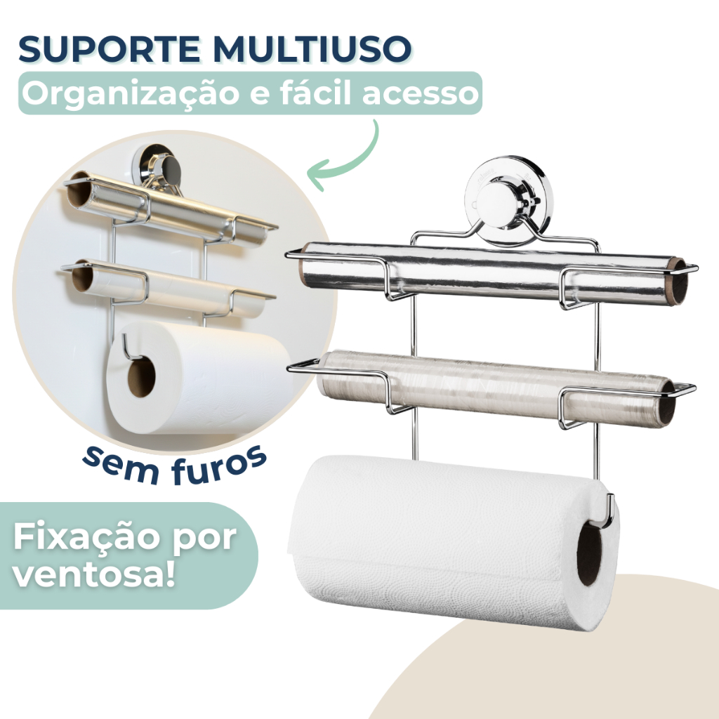 Suporte Porta Rolo Triplo Papel Toalha Alumínio Filme Fixação Ventosa Sem Furo Cromado Future em Oferta na Shopee