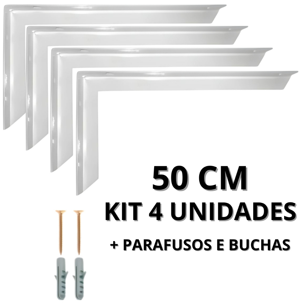 Kit 4 Suporte Mão Francesa 50cm Reforçado para Prateleira Preto ou Branco com Parafusos
