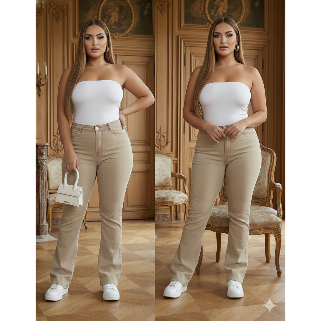Calça Flare Jeans Feminina Boca de Sino Cintura Alta Modeladora Estilo Gringa