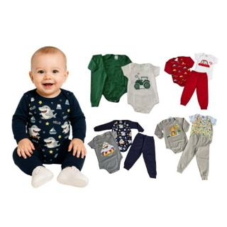 Trijunto Bebê Menino Algodão | 2 Bodys + Calça  Confortável e Macio - 100 % Algodão - Conjunto Avulso 3 Peças em Oferta na Shopee
