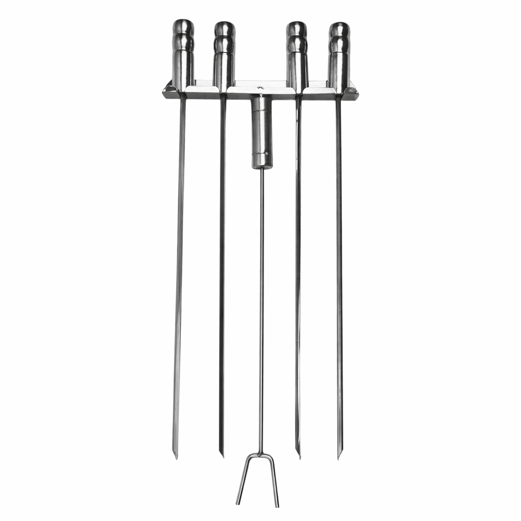 Kit Espetos Para Churrasco Inox 70cm Profissional 4 Espetos Espada + Espalha Brasa + Suporte