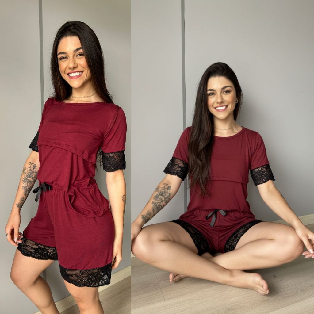 Pijama Curto Amamentação com Renda Francesa Ultra Confort Marsala em Oferta na Shopee