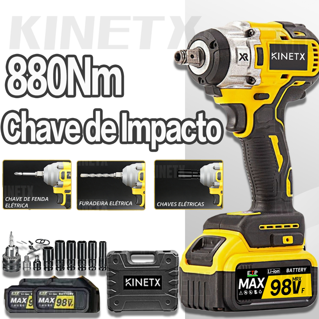 Chave de Impacto Profissional Motor Brushless 880Nm Sem Fio 98V com 2 Baterias Lítio 6 Soquetes + Maleta