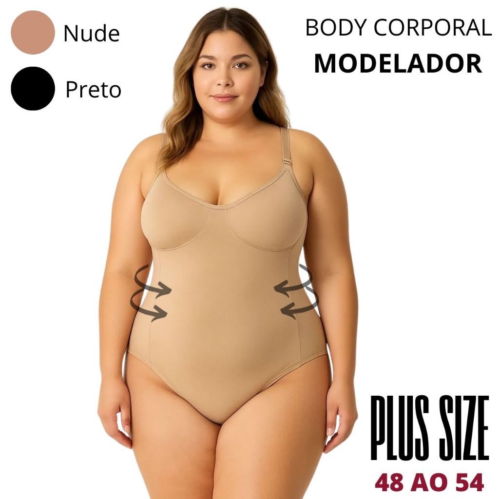 Body Feminino Modelador Segunda Pele Alça Reforçada Com Compressão Suplex Sem Bojo Plus Size Paula