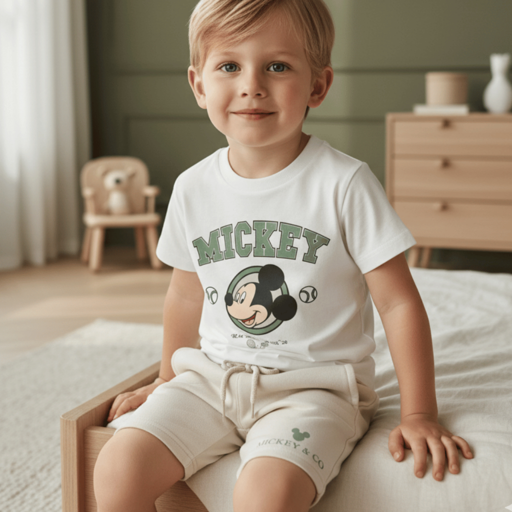 Conjunto Infantil Mickey Mouse Camiseta 100% Algodão + Bermuda Moletom Vintage Tennis Club Estampa Premium