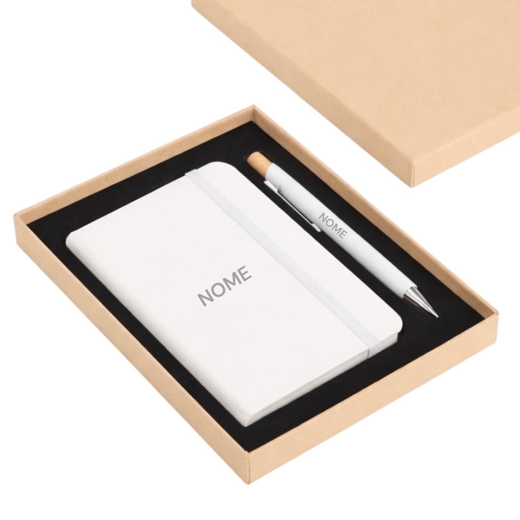 Kit Presente Bloco com Pauta + Caneta Personalizado com Nome Caixa Papelão