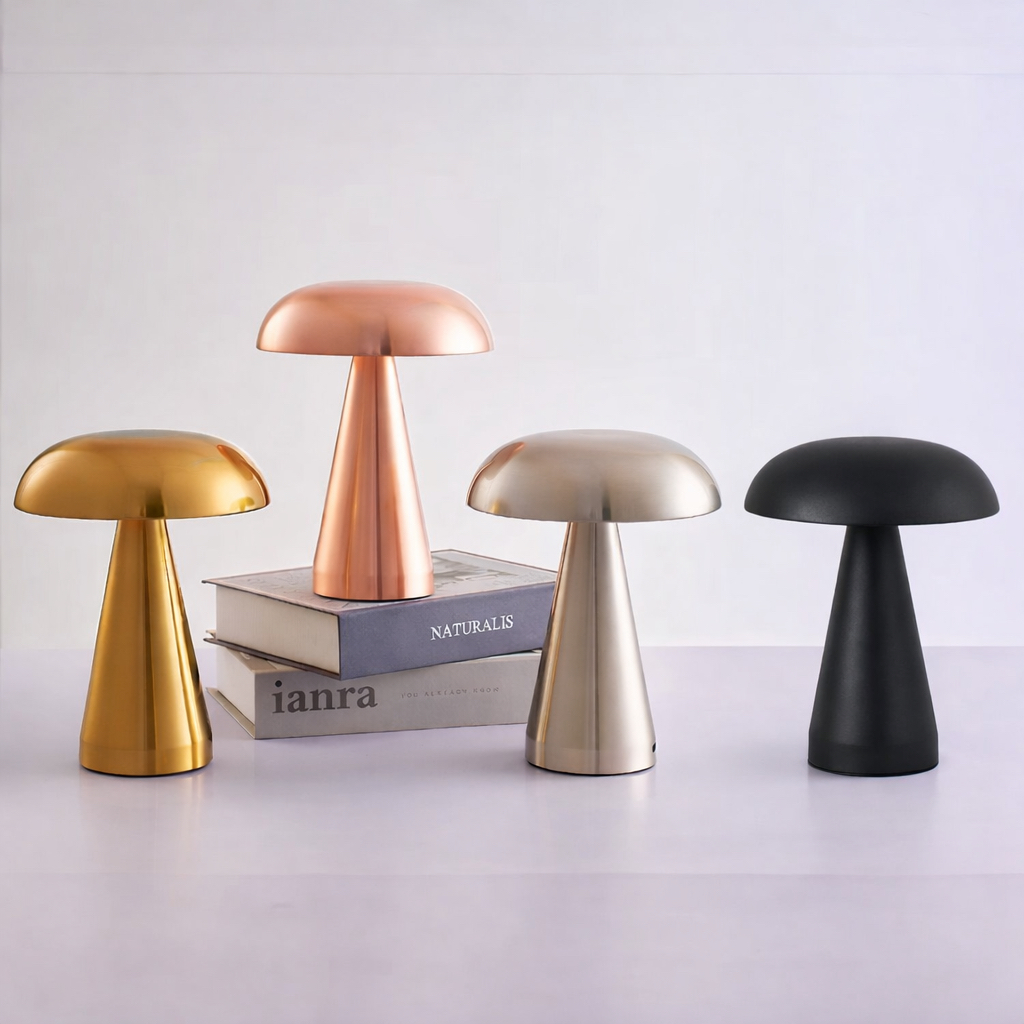 Luminária Abajur de Mesa Cogumelo Portátil Metálico LED, Sem Fio, Quarto Restaurante, Recarregável USB, Touch com Dimmer