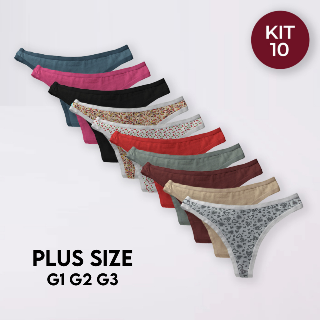 Kit 10, 5, 3 Calcinhas Plus Size Básicas com Viés 100% Algodão Para Dia a Dia Lisas e Estampadas