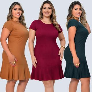 VESTIDO FEMININO CANELADO MANGA CURTA COM BABADO NA BARRA em Oferta na Shopee